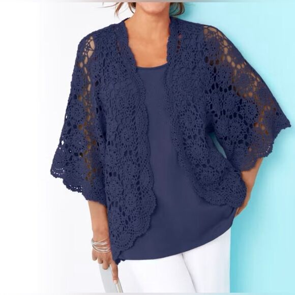Jessika London Navy Crocket Knit Cardigan Coverup Open Front Ramie Cotton - Picture 1 of 6